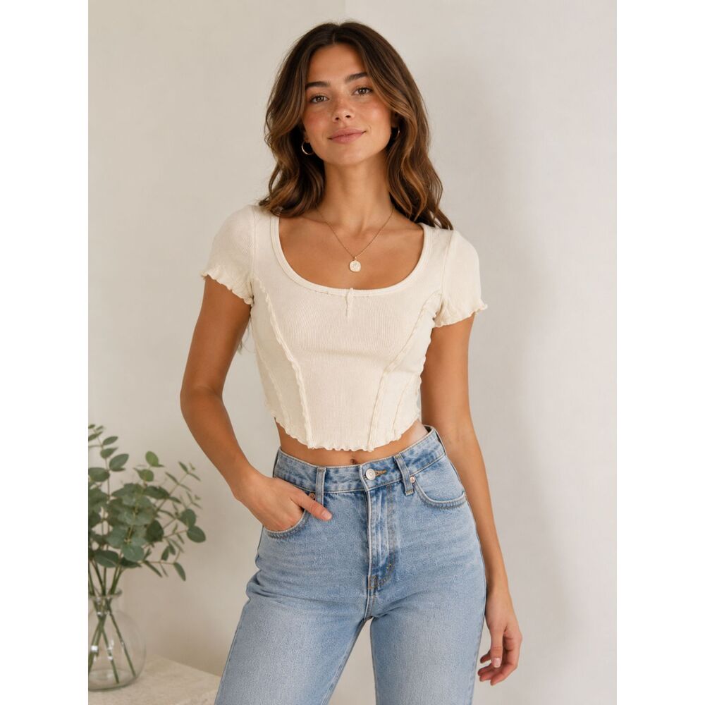 Urban Outfitters Cream Ribbed Crop Top Women's Size XS Cottagecore